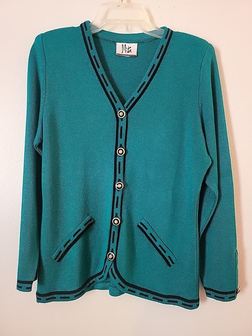 VTG 80s Mita Teal Green Knit Krinkle Spun Sweater Blazer size 10 Black Trim USA